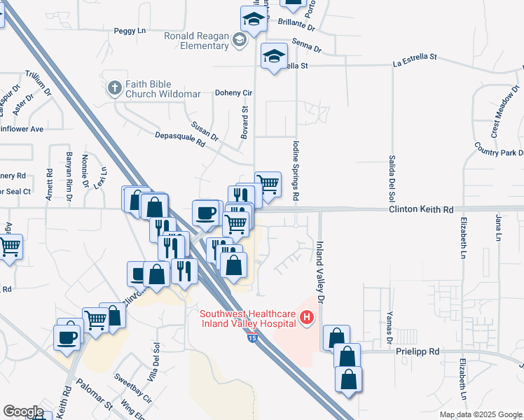 map of restaurants, bars, coffee shops, grocery stores, and more near 24055 Clinton Keith Road in Wildomar