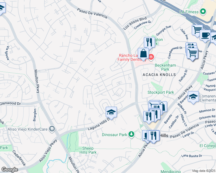 map of restaurants, bars, coffee shops, grocery stores, and more near 825 Via Alhambra in Laguna Woods