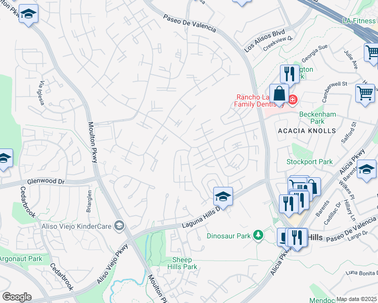 map of restaurants, bars, coffee shops, grocery stores, and more near 872 Avenida Sevilla in Laguna Woods