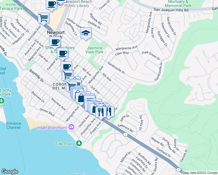 map of restaurants, bars, coffee shops, grocery stores, and more near 621 Poinsettia Avenue in Newport Beach
