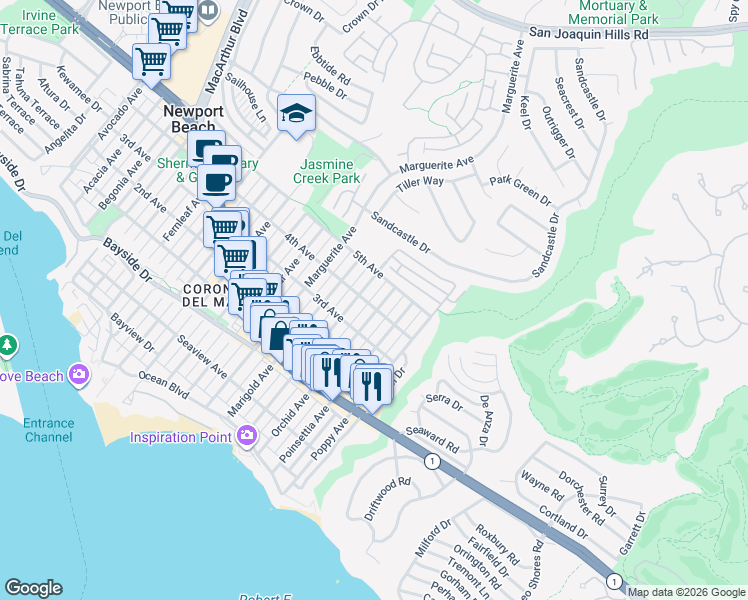 map of restaurants, bars, coffee shops, grocery stores, and more near 621 Poinsettia Avenue in Newport Beach