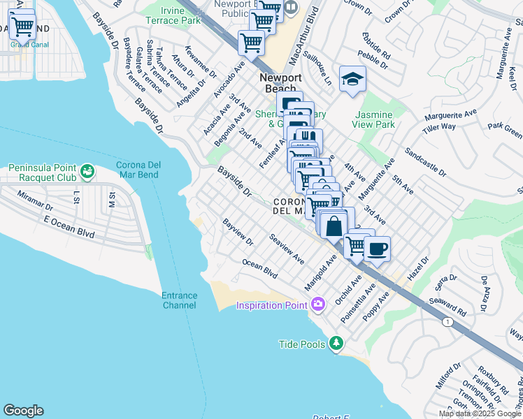 map of restaurants, bars, coffee shops, grocery stores, and more near 309 1/2 Breakers Drive in Newport Beach