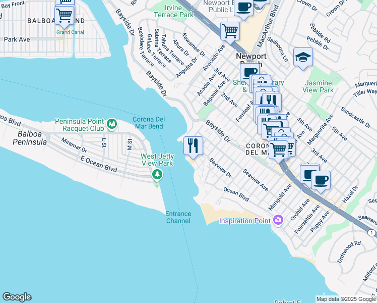 map of restaurants, bars, coffee shops, grocery stores, and more near 2609 Cove Street in Newport Beach