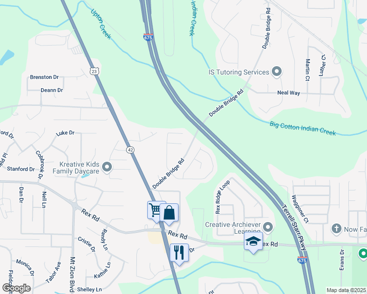 map of restaurants, bars, coffee shops, grocery stores, and more near 3005 Bunchberry Court in Ellenwood