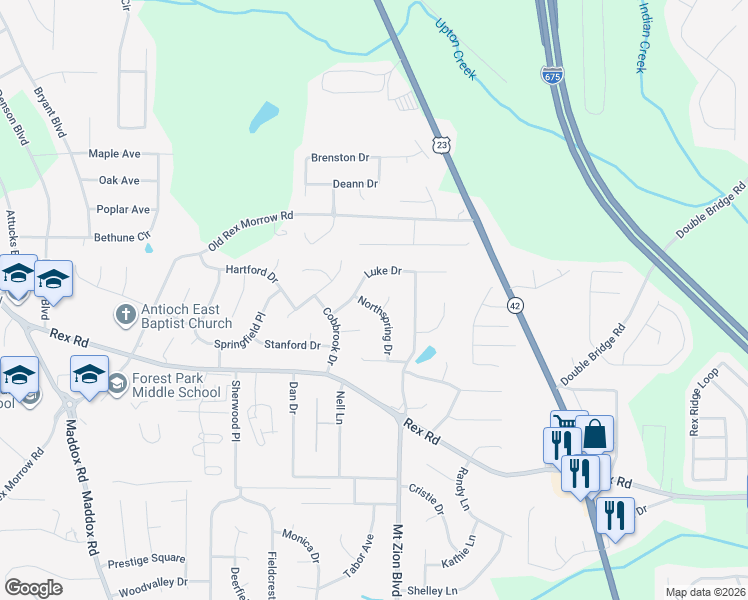 map of restaurants, bars, coffee shops, grocery stores, and more near 5768 Northspring Drive in Ellenwood