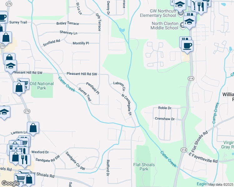map of restaurants, bars, coffee shops, grocery stores, and more near 5812 Sheldon Court in Atlanta