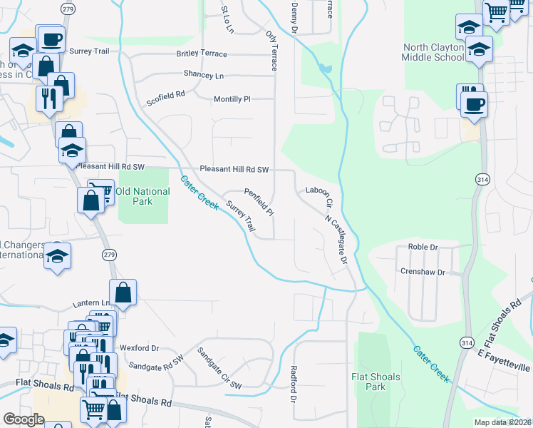 map of restaurants, bars, coffee shops, grocery stores, and more near 5845 Penfield Place in Atlanta