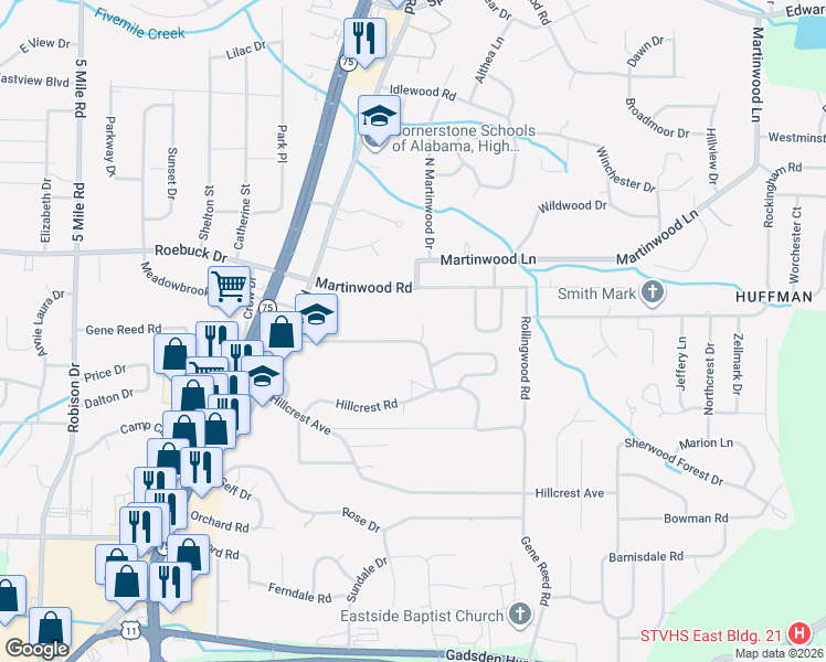map of restaurants, bars, coffee shops, grocery stores, and more near 747 Gene Reed Road in Birmingham