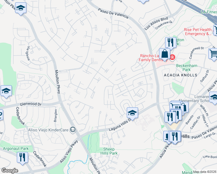 map of restaurants, bars, coffee shops, grocery stores, and more near 890 Ronda Sevilla in Laguna Woods