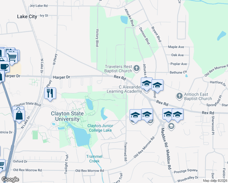 map of restaurants, bars, coffee shops, grocery stores, and more near 5771 Trammell Road in Morrow
