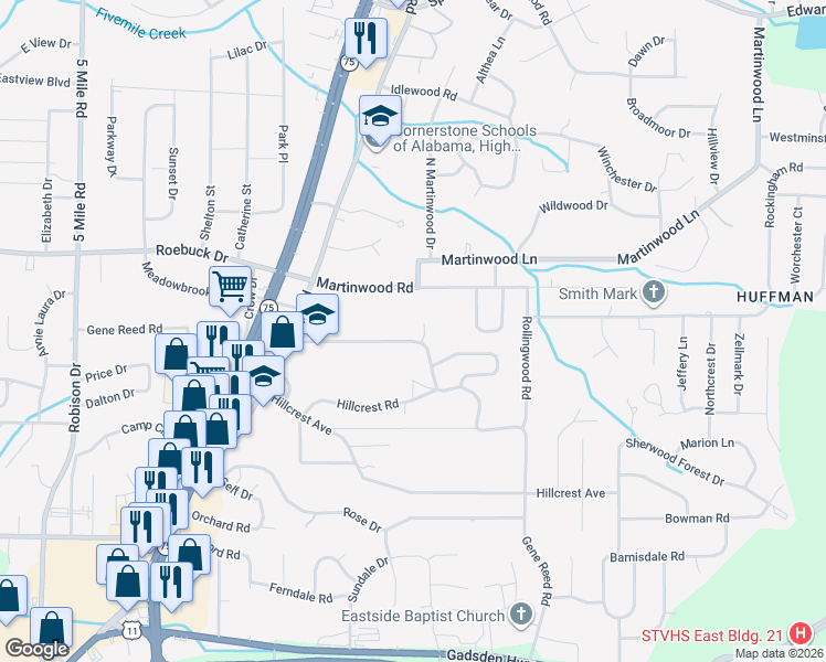 map of restaurants, bars, coffee shops, grocery stores, and more near 747 Gene Reed Road in Birmingham