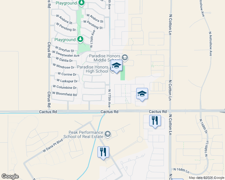 map of restaurants, bars, coffee shops, grocery stores, and more near 12410 174th Lane in Surprise