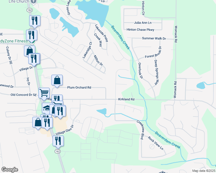 map of restaurants, bars, coffee shops, grocery stores, and more near 30 Plum Orchard Road in Covington