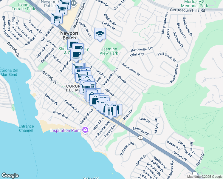 map of restaurants, bars, coffee shops, grocery stores, and more near 606 Marigold Avenue in Newport Beach