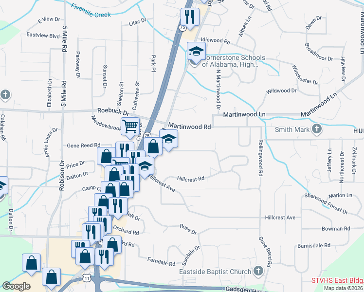 map of restaurants, bars, coffee shops, grocery stores, and more near 728 Gene Reed Road in Birmingham