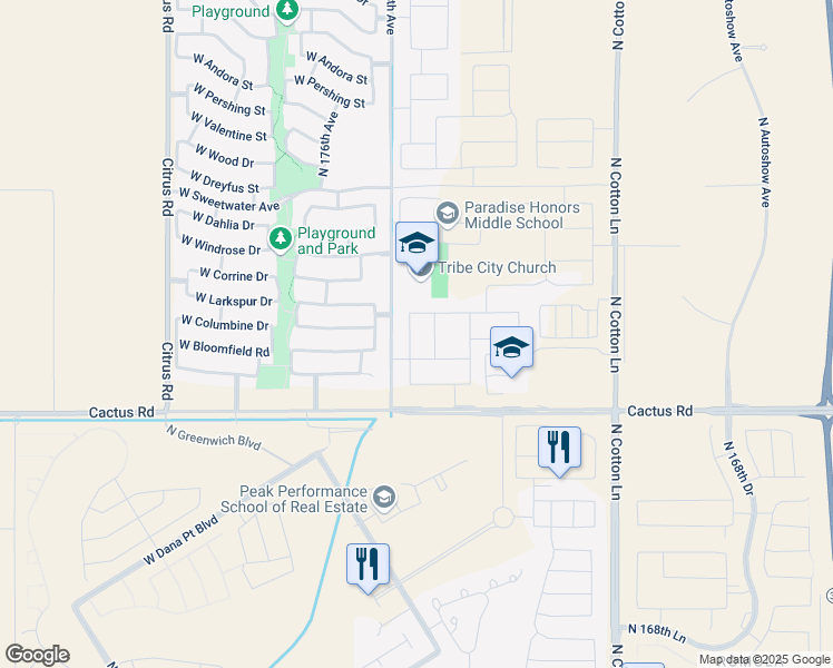 map of restaurants, bars, coffee shops, grocery stores, and more near 12479 North 174th Lane in Surprise
