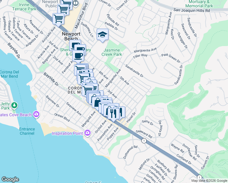 map of restaurants, bars, coffee shops, grocery stores, and more near 606 Marigold Avenue in Newport Beach