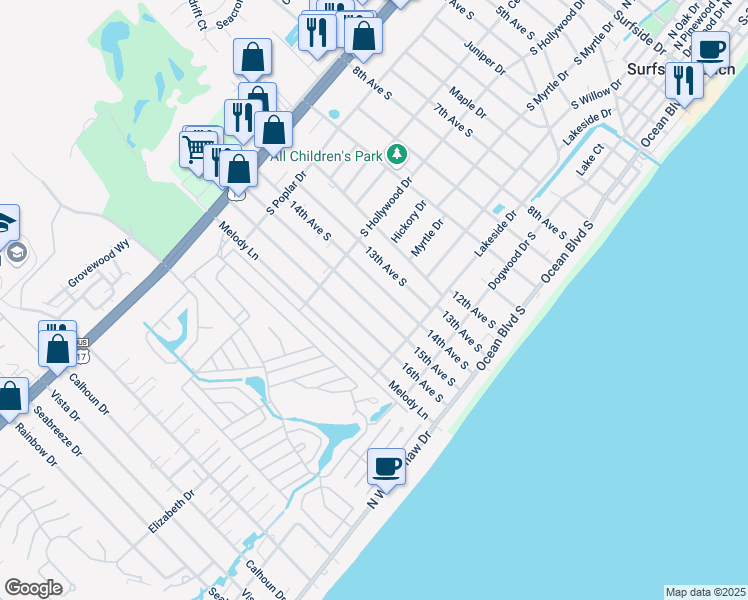 map of restaurants, bars, coffee shops, grocery stores, and more near 326 16th Avenue South in Surfside Beach