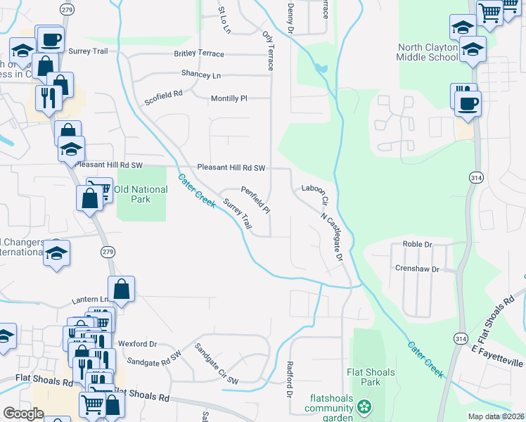 map of restaurants, bars, coffee shops, grocery stores, and more near 5845 Penfield Place in Atlanta