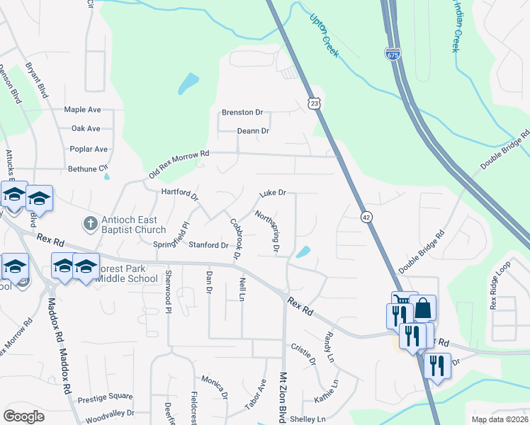 map of restaurants, bars, coffee shops, grocery stores, and more near 5768 Northspring Drive in Ellenwood