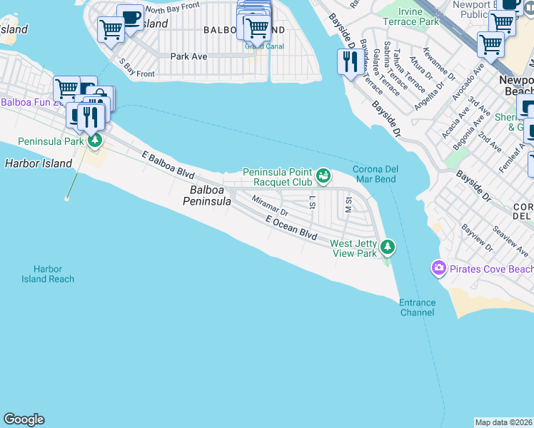 map of restaurants, bars, coffee shops, grocery stores, and more near 1574 East Ocean Boulevard in Newport Beach