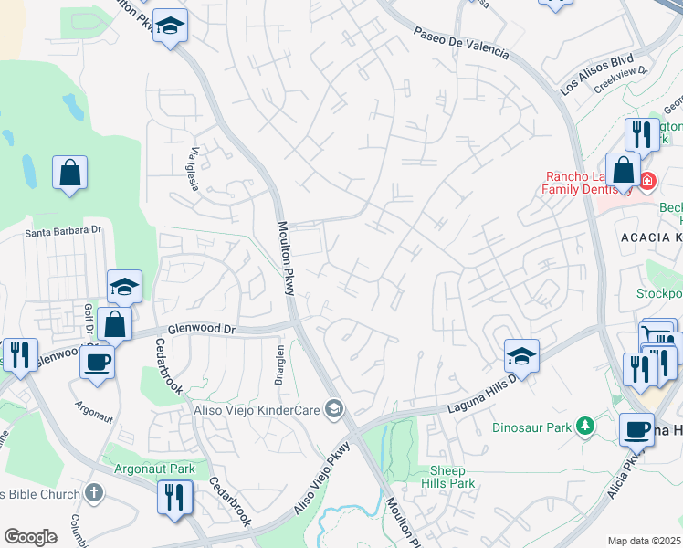 map of restaurants, bars, coffee shops, grocery stores, and more near 741 Avenida Majorca in Laguna Woods