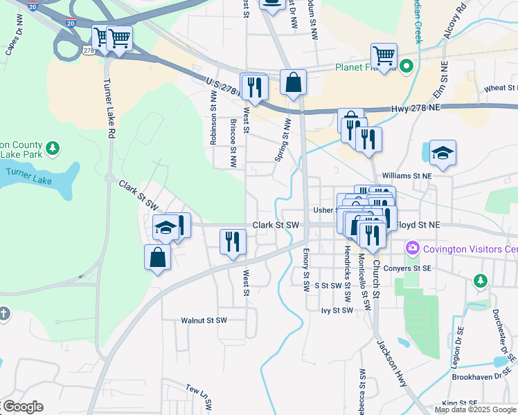 map of restaurants, bars, coffee shops, grocery stores, and more near 3124 Usher Street Northwest in Covington