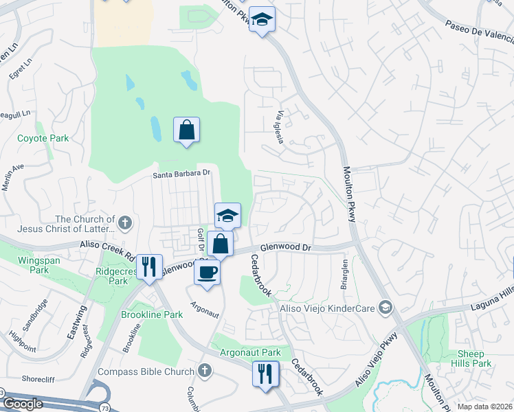 map of restaurants, bars, coffee shops, grocery stores, and more near 38 Via Athena in Aliso Viejo