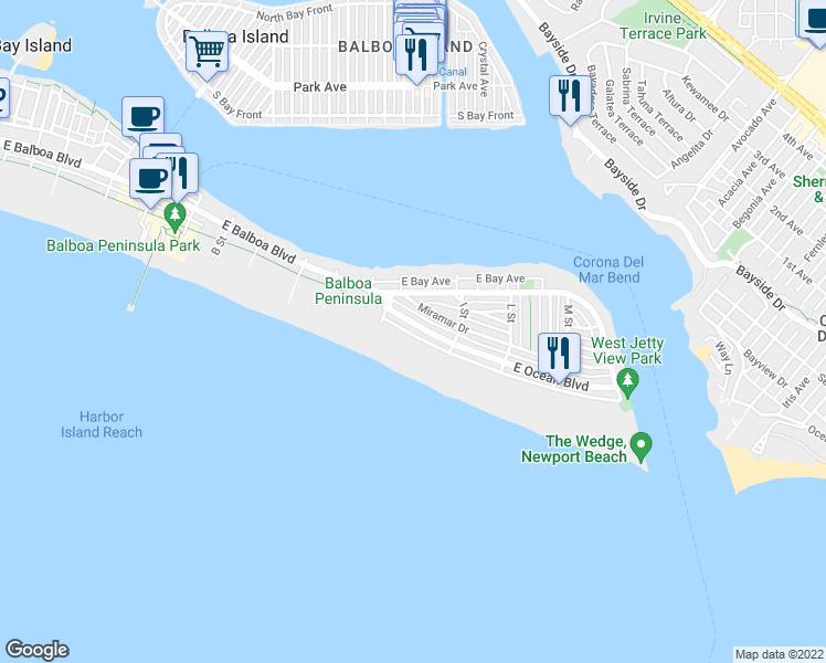 map of restaurants, bars, coffee shops, grocery stores, and more near 1541 East Ocean Boulevard in Newport Beach