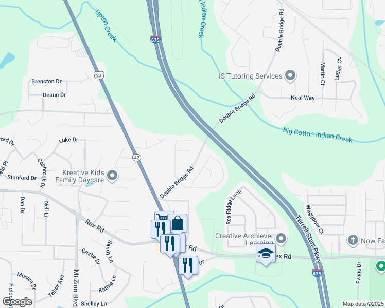 map of restaurants, bars, coffee shops, grocery stores, and more near 3005 Bunchberry Court in Ellenwood