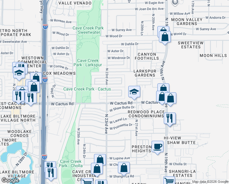 map of restaurants, bars, coffee shops, grocery stores, and more near 2229 West Bloomfield Road in Phoenix