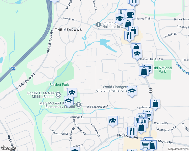 map of restaurants, bars, coffee shops, grocery stores, and more near Hampton Court in College Park