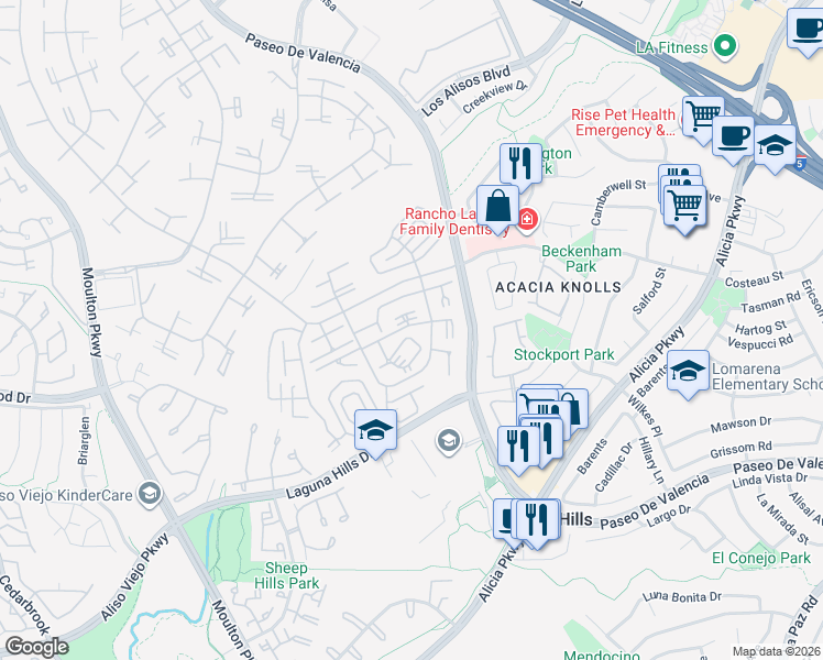 map of restaurants, bars, coffee shops, grocery stores, and more near 816 Via Alhambra in Laguna Woods