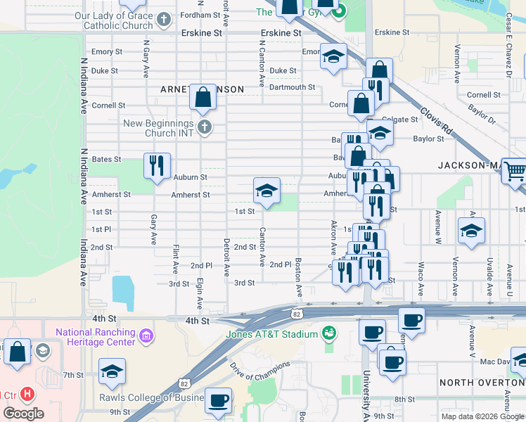 map of restaurants, bars, coffee shops, grocery stores, and more near 101 North Canton Avenue in Lubbock