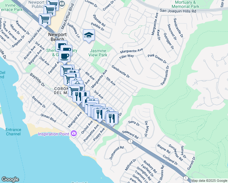 map of restaurants, bars, coffee shops, grocery stores, and more near 707 Orchid Avenue in Newport Beach