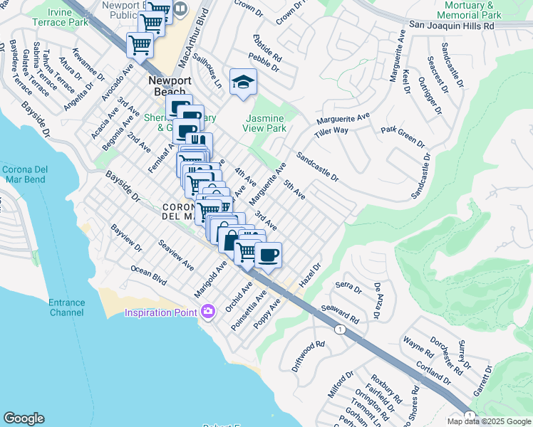 map of restaurants, bars, coffee shops, grocery stores, and more near 610 Marguerite Avenue in Newport Beach