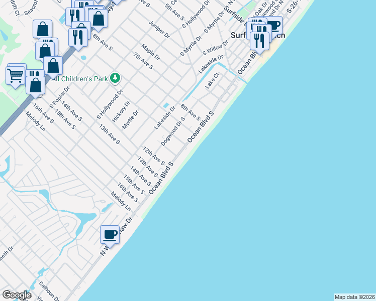 map of restaurants, bars, coffee shops, grocery stores, and more near 916A Ocean Boulevard South in Surfside Beach