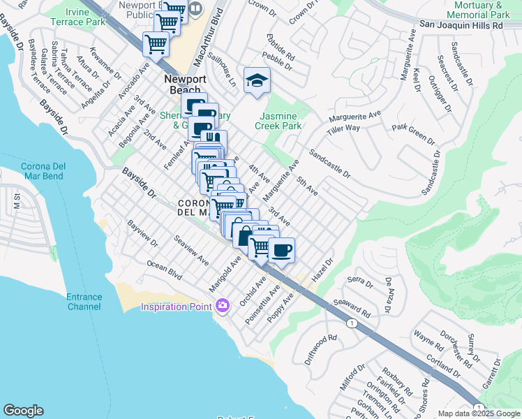 map of restaurants, bars, coffee shops, grocery stores, and more near 614 Marguerite Avenue in Newport Beach
