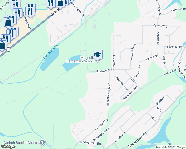 map of restaurants, bars, coffee shops, grocery stores, and more near 5432 Wisteria Trace in Trussville