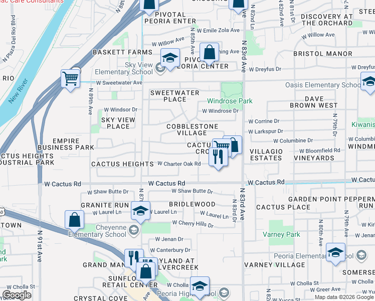 map of restaurants, bars, coffee shops, grocery stores, and more near 12502 North 85th Avenue in Peoria