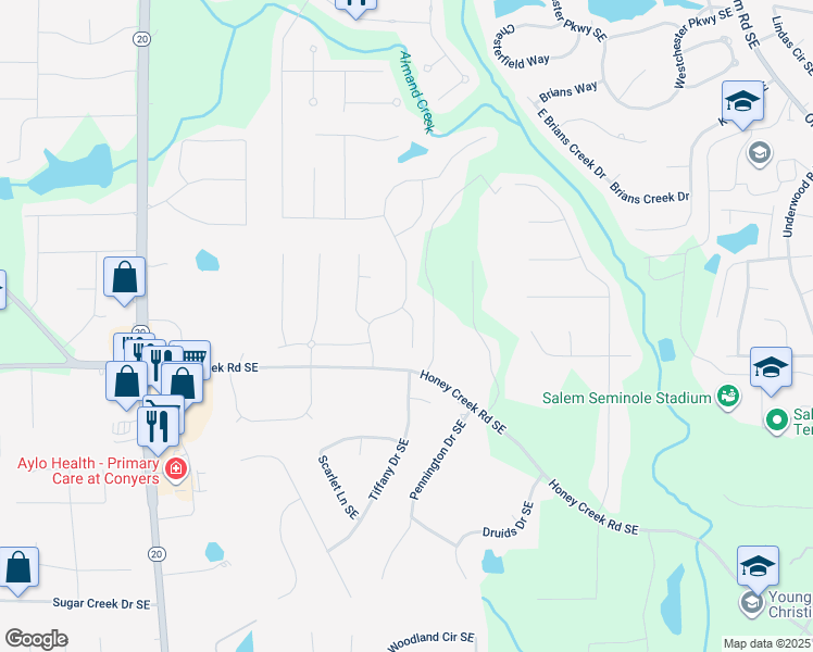 map of restaurants, bars, coffee shops, grocery stores, and more near 1606 Kenilworth Lane Southeast in Conyers