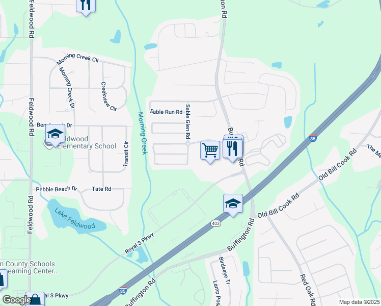 map of restaurants, bars, coffee shops, grocery stores, and more near 5870 Sable Glen Road in Atlanta