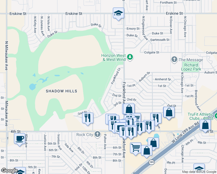 map of restaurants, bars, coffee shops, grocery stores, and more near 148 Frankford Court in Lubbock
