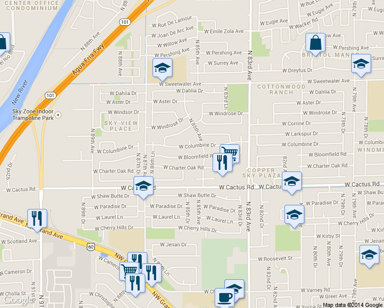 map of restaurants, bars, coffee shops, grocery stores, and more near 12502 North 85th Avenue in Peoria