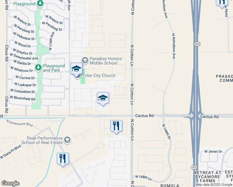 map of restaurants, bars, coffee shops, grocery stores, and more near 12200-12972 North Cotton Lane in Surprise