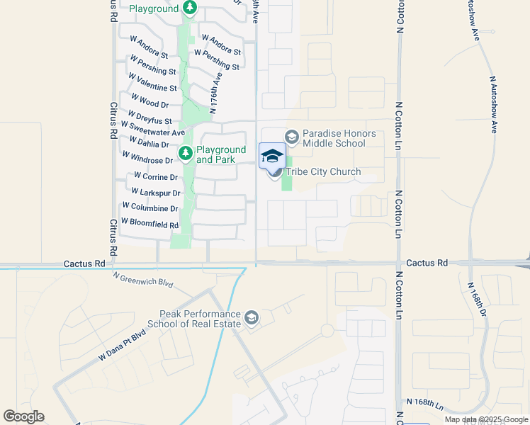 map of restaurants, bars, coffee shops, grocery stores, and more near 12493 North 174th Lane in Surprise