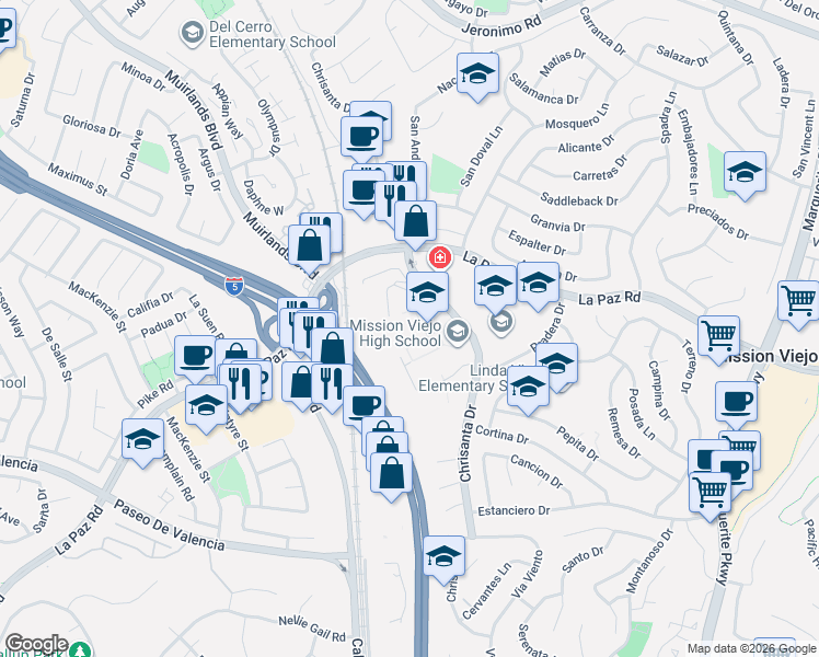 map of restaurants, bars, coffee shops, grocery stores, and more near 25073-25123 Chrisanta Dr in Mission Viejo