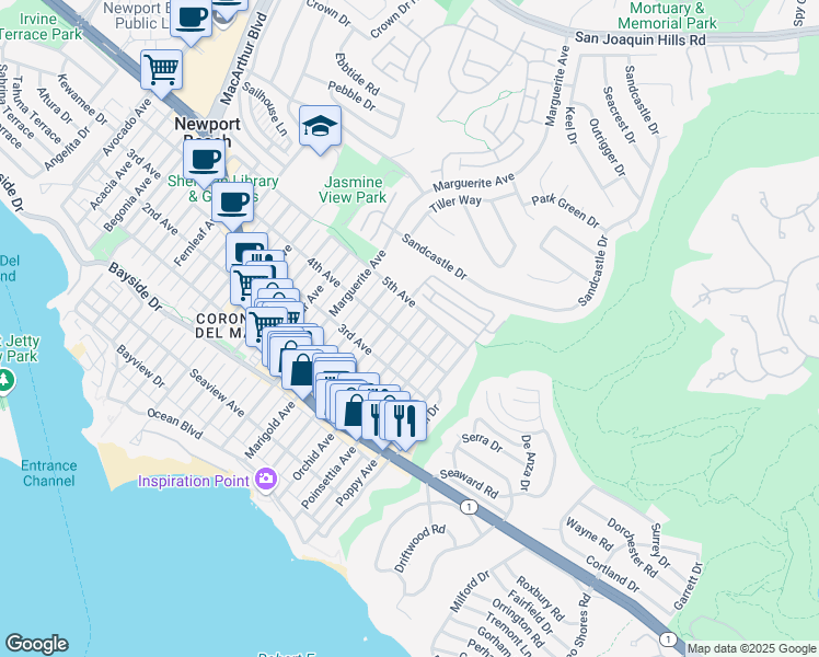 map of restaurants, bars, coffee shops, grocery stores, and more near 3520 5th Avenue in Newport Beach