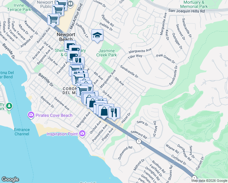 map of restaurants, bars, coffee shops, grocery stores, and more near 704 1/2 Marigold Avenue in Newport Beach