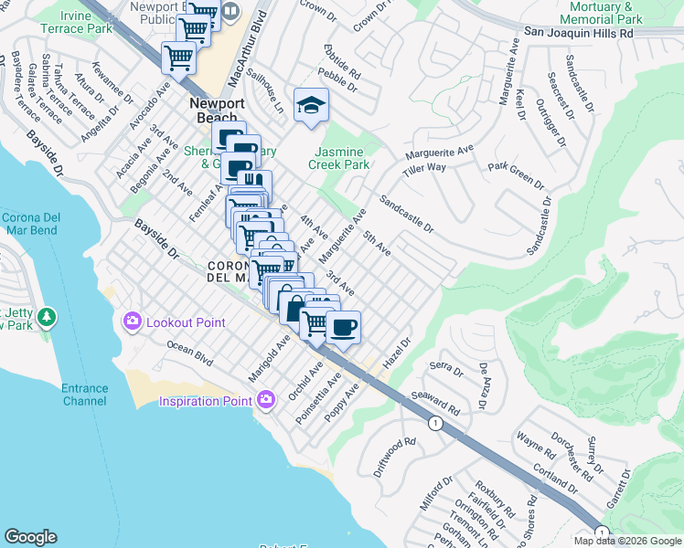 map of restaurants, bars, coffee shops, grocery stores, and more near 610 Marguerite Avenue in Newport Beach